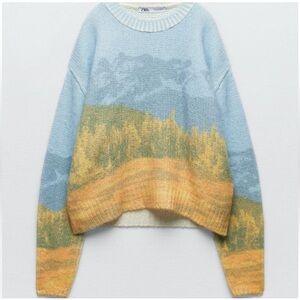 Zara Women's Jacquard Knit Blue and Yellow Landscape Sweater